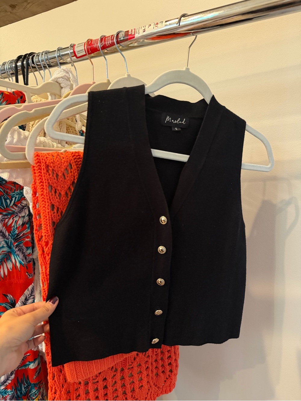 Marled Black Button-Front Knit Crop Vest